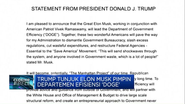 berita aktual Video: Trump Tunjuk Elon Musk Pimpin Departemen Efisiensi ‘DOGE’